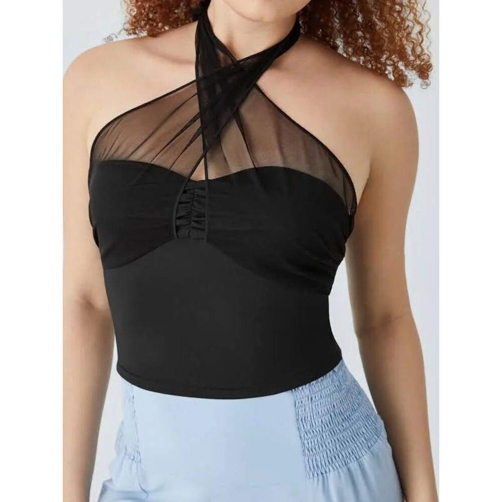 HALARA Black Halter Tie Back Ruched Mesh Tank Top